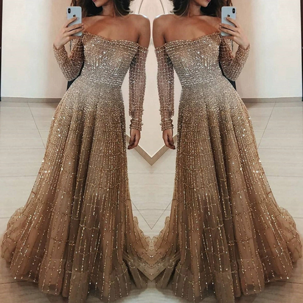 ZARA Trendy Womens Sparkly Long Sleeve Off Shoulder Maxi Dress for Fall Winter